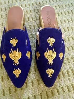 Pancora Royal Purple and Golden Bee Embroidered Slip-On Mules